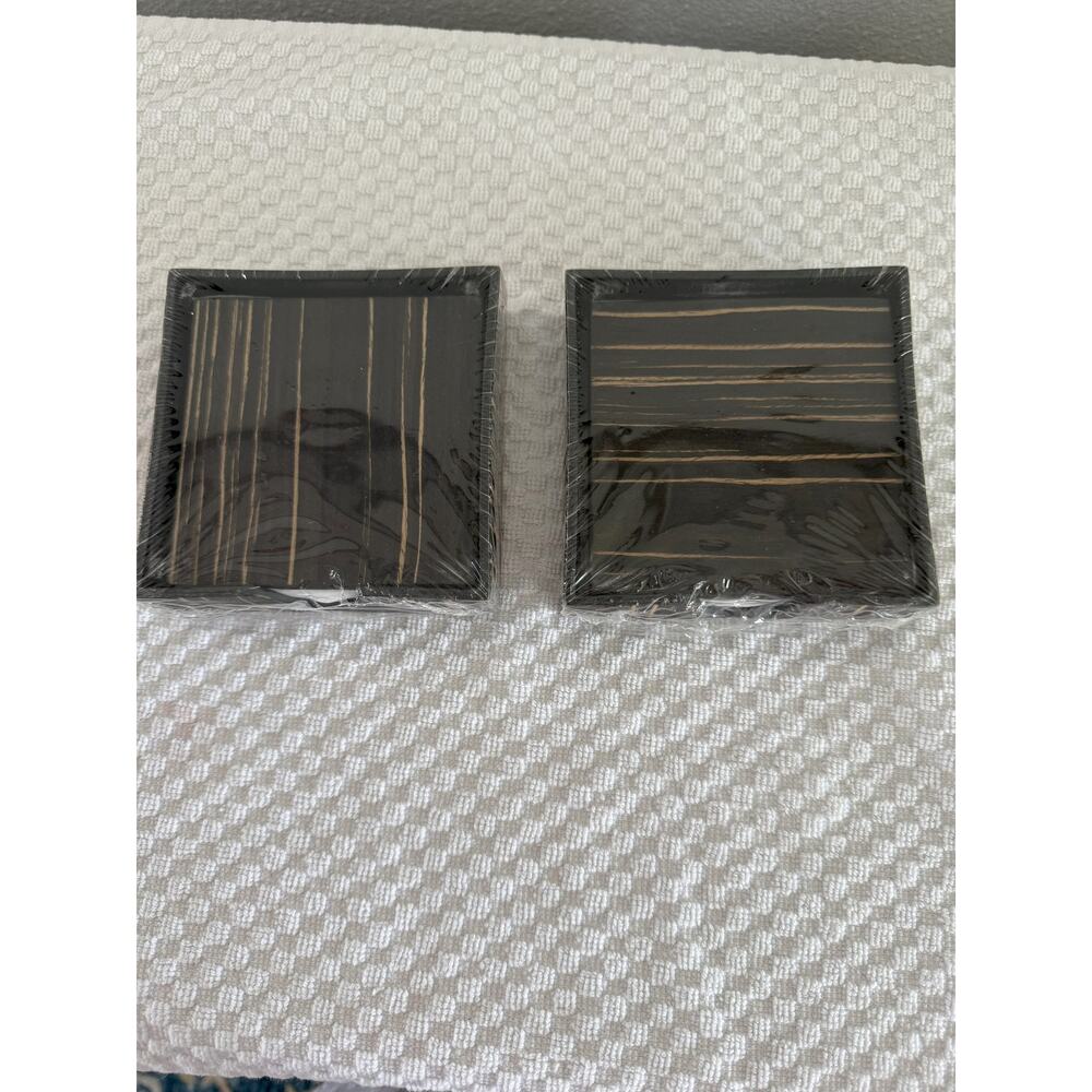 Elements Coaster Black Slate Natural Wood-look Grain 2 sets of 4 w/Holder NWT